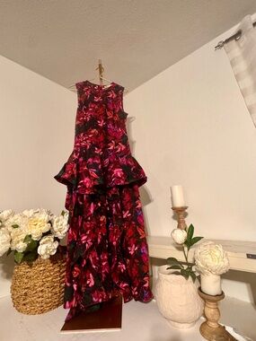 Ulla Johnson Black Floral Peplum Maxi Dress with Pink & Red Accents
